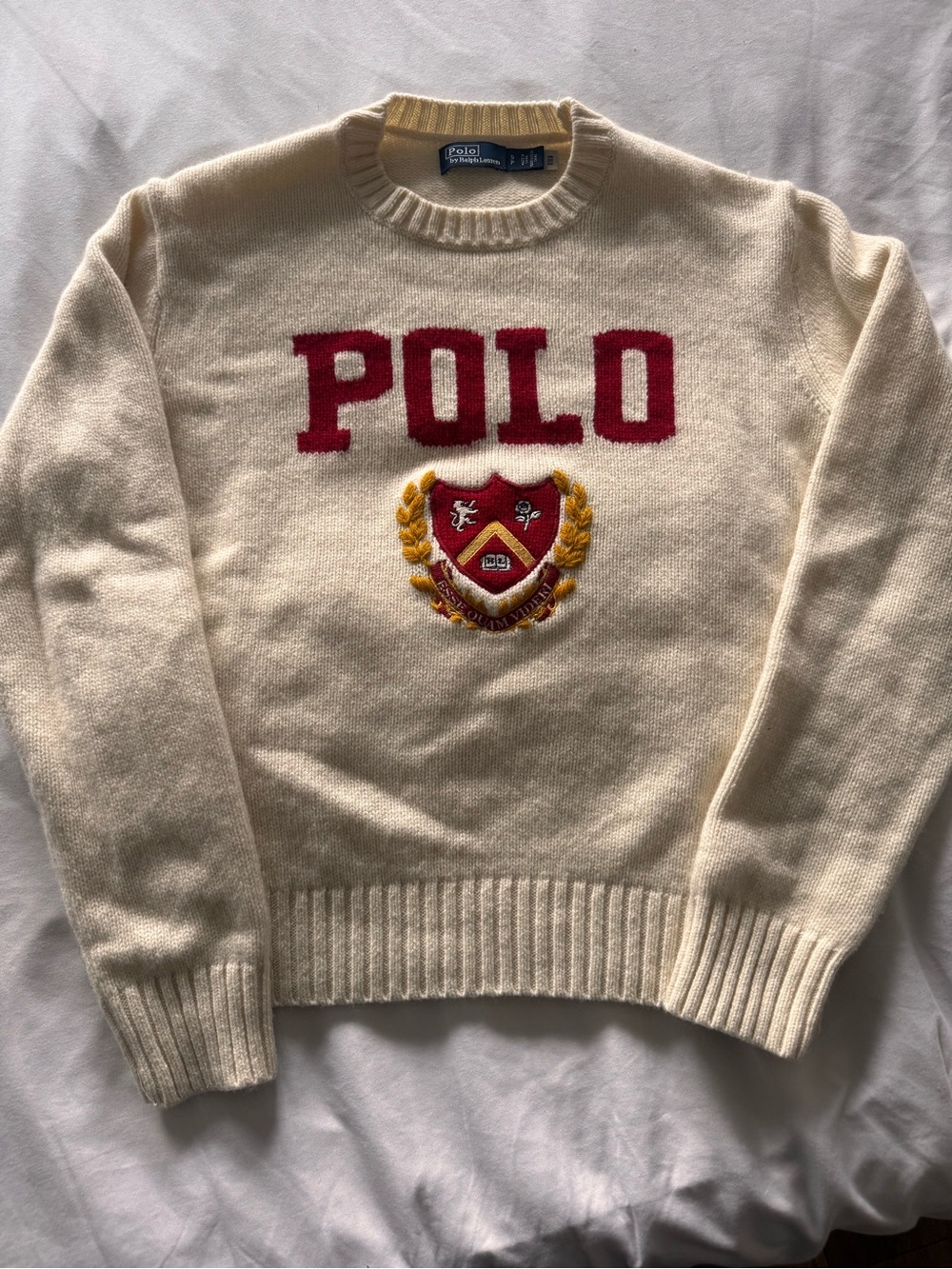 Polo by Ralph Lauren Cream Crewneck Sweater with Red 'POLO' and Gold Crest - Picture 3 of 7